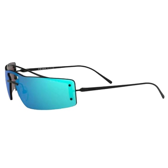 $390 Prada Rectangular Shield Sunglasses Blue Mirror Lens Black Frame Made Italy - Picture 7 of 16